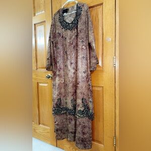 Women’s Abaya Formal Dress Plus Size 1X / 2X Beaded Long Sleeve Maxi Brown Multi
